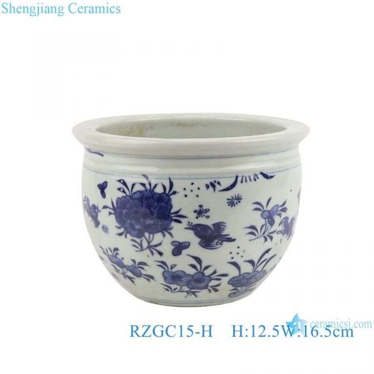RZGC15-H  Blue and white flowers and birds small pot